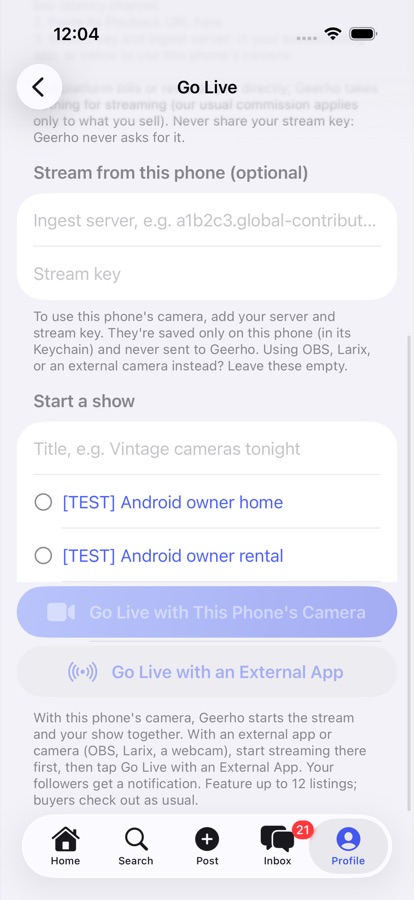 Streaming from this phone? Add your server and stream key